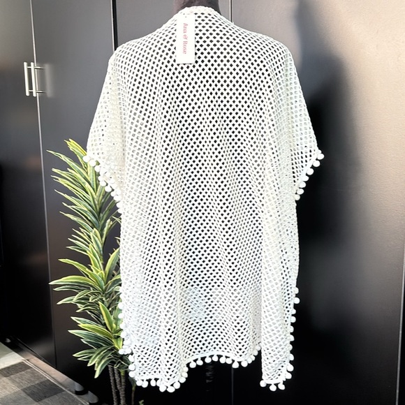 Ana & Rose Crocheted mid length swim coverup, Pom Pom edge detail,see thru OS - Picture 5 of 9